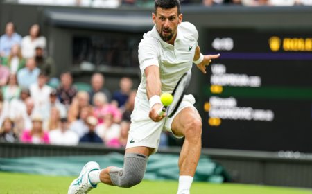 Novak Djokovic wins his first match at Wimbledon with a sleeve on his surgically repaired knee.